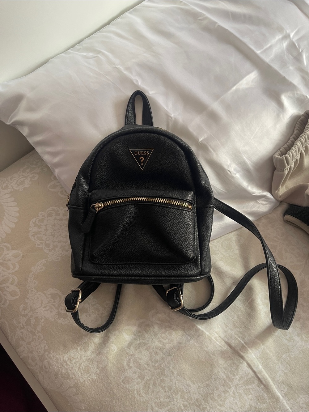 GUESS Black Pebbled Leather Mini Backpack with Gold Hardware